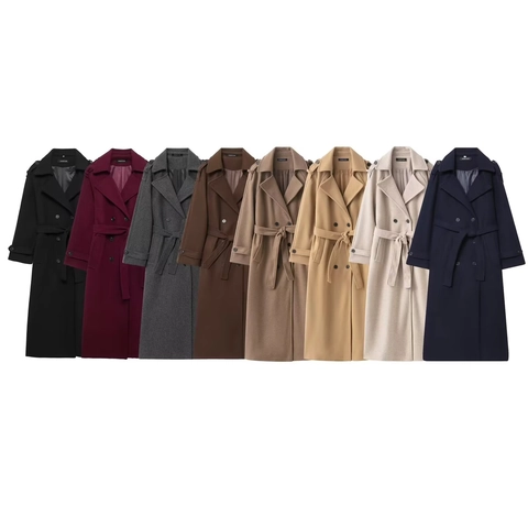 Cappotto Lungo di Lana Elegante da Donna Soprabito Extra Lungo Doppio Petto Con Cintura Revers Caldo Cappotto Invernale