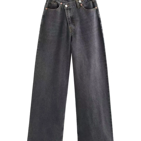 Jeans Donna a Vita Alta a Gamba Larga Con Vita Incrociata Asimmetrica Pantaloni in Denim Lavato Pantaloni Dritti Casual Larghi