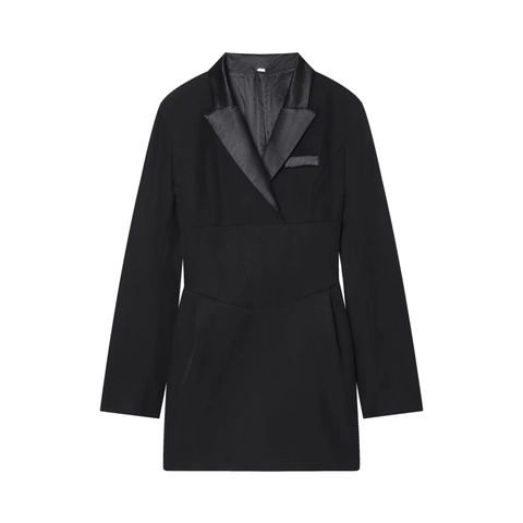 Women Elegant Blazer Dress Corset Waist Peaked Lapel Satin Patchwork Long Sleeve Slim Fit Mini Dress Office Lady Style
