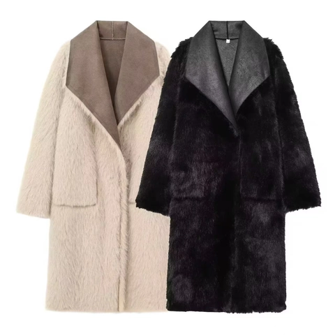 Cappotto Lungo da Donna in Ecopelle Scamosciata e Pelliccia Sintetica Invernale Reversibile Elegante Giacca Imbottita