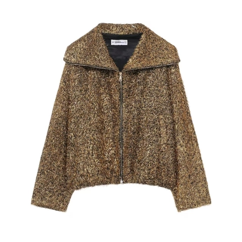 Chaqueta Bomber con Flecos en Oro Metálico para Mujer Ajuste Holgado Cuello Camisero Cremallera Abrigo Brillante para Fiesta Navidad Clubwear