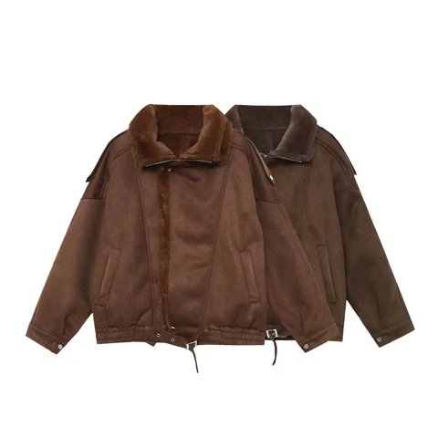 Damen Wildlederimitat Bikerjacke Dicker Kunstpelzkragen Gürtel Reißverschluss Fliegerjacke Warm Wintermantel Lässig Braun