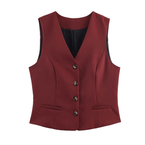 Dames Casual Slim Fit V-hals Gilet Enkele Rij Knoppen Mouwloos Kantoor Pak Jas Top Wijnrood Herfst