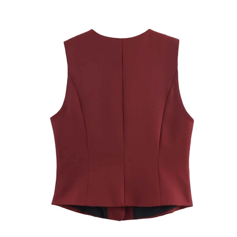 Dames Casual Slim Fit V-hals Gilet Enkele Rij Knoppen Mouwloos Kantoor Pak Jas Top Wijnrood Herfst