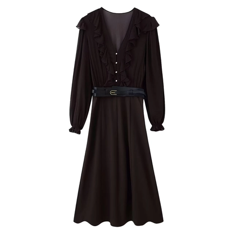 Vestido Largo de Gasa Elegante para Mujer Manga Larga Cuello en V Adorno de Volantes Con Cinturón Color Sólido Vestido de Fiesta Vintage