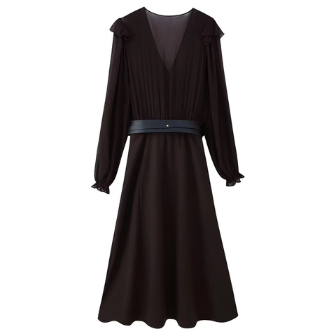 Vestido Largo de Gasa Elegante para Mujer Manga Larga Cuello en V Adorno de Volantes Con Cinturón Color Sólido Vestido de Fiesta Vintage