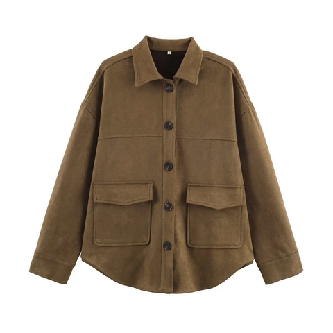Dames Casual Imitatiesuède Overhemdjas Vintage Lange Mouwen Omslagkraag Single Breasted Losse Jas Met Zakken Bruin