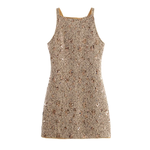 Damen Elegant Paillette Tweed Minikleid Halfter Ärmellos A-Linie Gold Partykleid Für Bankett Alltag