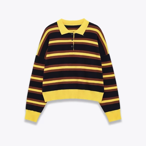 Pull Polo en Maille Rayée Vintage pour Femmes Couleur Contrastée Manches Longues Coupe Ample Top Pullover Mode Tricots à Côtes