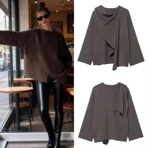 Elegant Women Knit Sweater With Scarf Collar Oversized Loose Batwing Sleeve Solid Color Commuter Fall Winter Ladies Top
