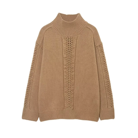 Women Winter Cable Knit Sweater Mock Neck Solid Color Long Sleeve Pullover Drop Shoulder Polyester Casual Knitwear Top
