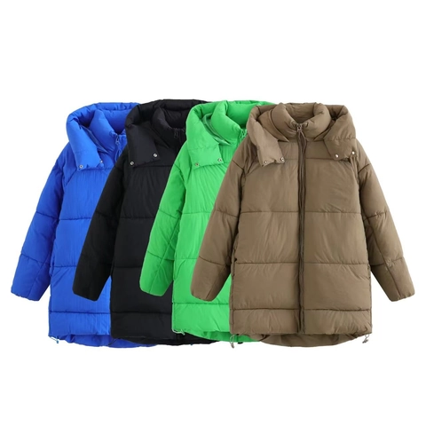 Women's Winter Mid-Length Hooded Puffer Jacket Casual Loose Warm Solid Color Windproof Quilted Cotton Padded Outerwear Coat