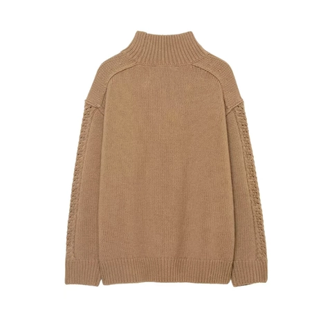 Women Winter Cable Knit Sweater Mock Neck Solid Color Long Sleeve Pullover Drop Shoulder Polyester Casual Knitwear Top