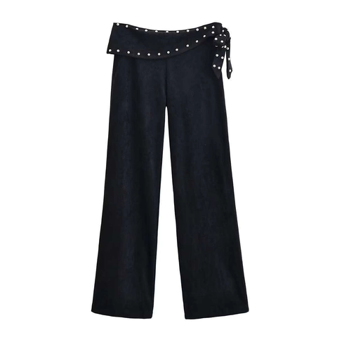 Pantaloni Donna a Vita Alta Gamba Larga Rivetto Fiocco Decor Poliestere Pantaloni Dritti Eleganti Bottom Pendolare