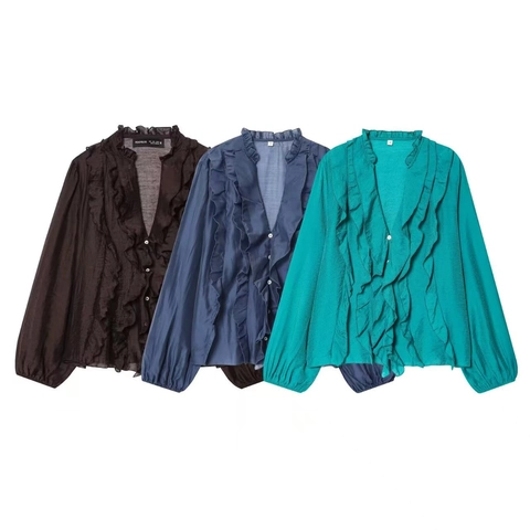 Women's Elegant V-Neck Long Sleeve Ruffle Blouse Solid Color Satin Feel Commute Shirt Top For Office Daily Wear