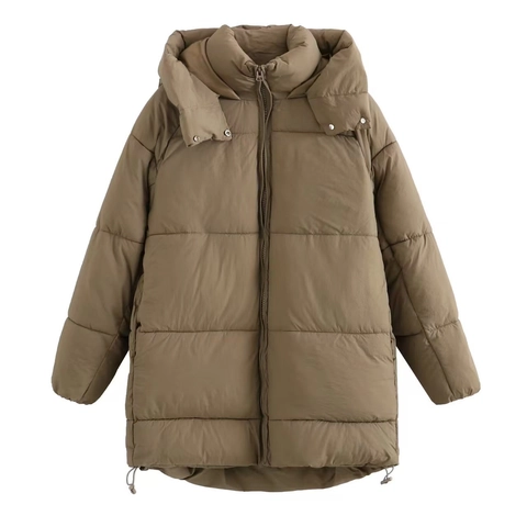 Women's Winter Mid-Length Hooded Puffer Jacket Casual Loose Warm Solid Color Windproof Quilted Cotton Padded Outerwear Coat