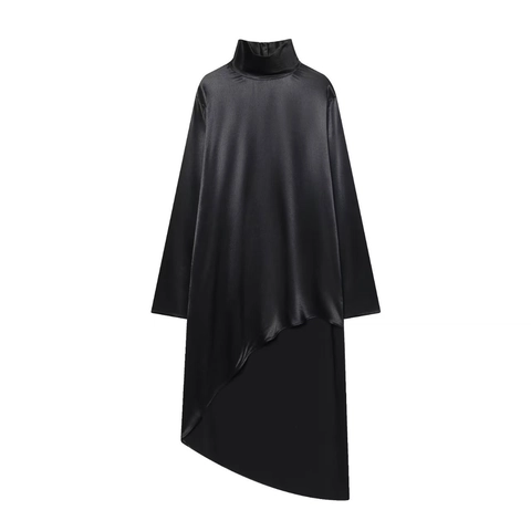 Vestido de Satén Asimétrico de Cuello Alto para Mujer Manga Larga Color Sólido Elegante Vestido de Fiesta Banquete Vestido Largo Sin Estiramiento