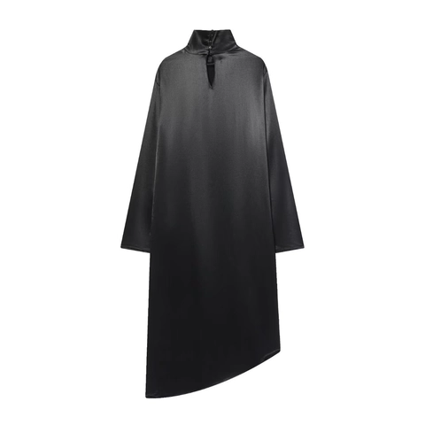Vestido de Satén Asimétrico de Cuello Alto para Mujer Manga Larga Color Sólido Elegante Vestido de Fiesta Banquete Vestido Largo Sin Estiramiento
