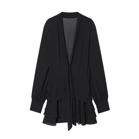 Elegant V-Neck Long Sleeve Tiered Ruffle Chiffon Mini Dress Vintage Solid Color Tie Waist Casual Party Dress For Women