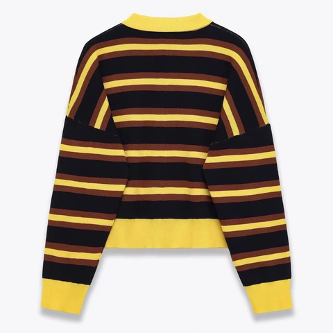 Pull Polo en Maille Rayée Vintage pour Femmes Couleur Contrastée Manches Longues Coupe Ample Top Pullover Mode Tricots à Côtes