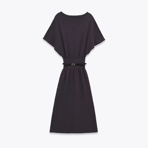 Women Elegant Knitted Midi Dress Batwing Short Sleeve Round Neck Solid Color High Waist A-Line Knit Dress With Belt