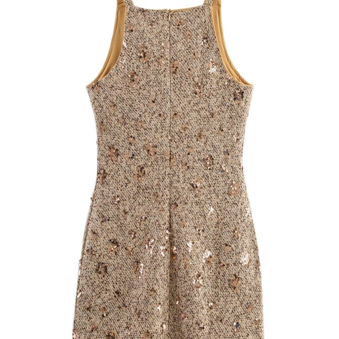 Damen Elegant Paillette Tweed Minikleid Halfter Ärmellos A-Linie Gold Partykleid Für Bankett Alltag