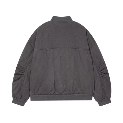 Women's Oversized Quilted Bomber Jacket Onion Wave Quilting Stand Collar Snap Button Pocket Casual Grey Padded Outerwear Coat