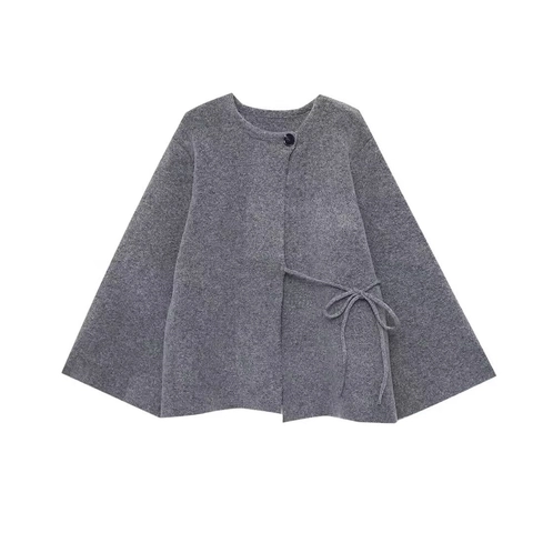 Women Casual Knitted Cardigan Sweater Round Neck Single Button Bell Sleeve Wide Cuff Loose Tie Waist Outwear Solid Gray