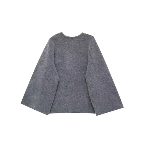 Women Casual Knitted Cardigan Sweater Round Neck Single Button Bell Sleeve Wide Cuff Loose Tie Waist Outwear Solid Gray