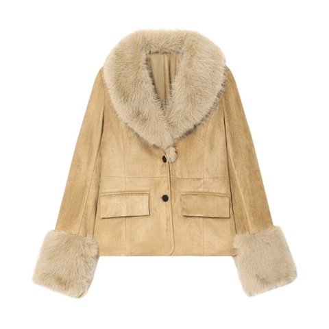 Giacca da Donna alla Moda in Finta Pelle Scamosciata Con Collo in Pelliccia Sintetica Khaki Cappotto per Inverno