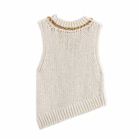 Damen Asymmetrischer Saum Strickweste Goldkette Hals Deko Ärmellos Pullover Strickoberteil Elegant Pendeln Mode Einfarbig