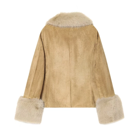 Giacca da Donna alla Moda in Finta Pelle Scamosciata Con Collo in Pelliccia Sintetica Khaki Cappotto per Inverno