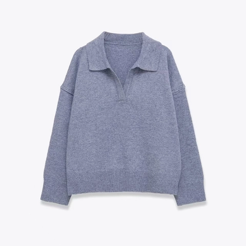 Suéter de Punto para Mujer Casual Color Sólido Cuello Polo Manga Larga Puños Acanalados Cálido Otoño Invierno Jersey Holgado