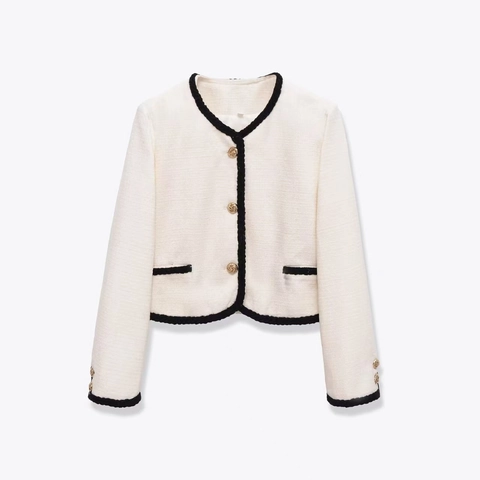 Chaqueta de Tweed Elegante para Mujer Estilo Fragancia Pequeña Cuello Redondo Manga Larga Botones Dorados Abrigo Clásico