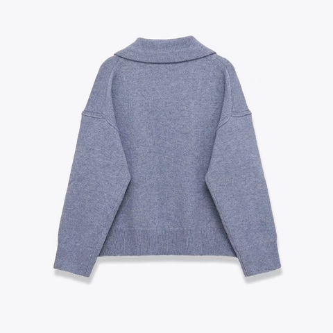 Suéter de Punto para Mujer Casual Color Sólido Cuello Polo Manga Larga Puños Acanalados Cálido Otoño Invierno Jersey Holgado