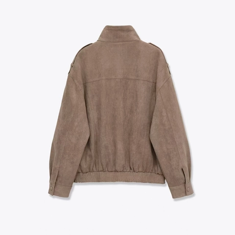 Giacca Utility da Donna in Finta Pelle Scamosciata Collo Coreano Multitasche Cachi Vintage Cargo Cappotto Corto Invernale