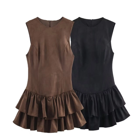 Vestido Corto de Mujer Elegante en Tejido de Ante Sin Mangas con Volantes en Capas Cuello Redondo Color Sólido Ajustado Cremallera Trasera