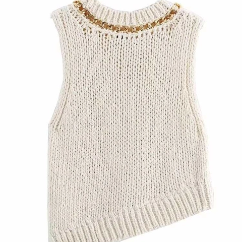 Damen Asymmetrischer Saum Strickweste Goldkette Hals Deko Ärmellos Pullover Strickoberteil Elegant Pendeln Mode Einfarbig