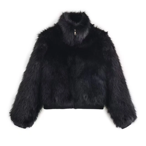 Women's Autumn Winter Chic Faux Fur Jacket Elegant Stand Collar Long Sleeve Zipper Cropped Fluffy Warm Solid Color Coat