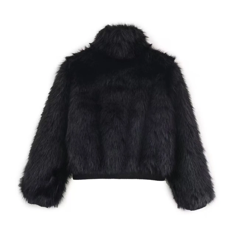 Women's Autumn Winter Chic Faux Fur Jacket Elegant Stand Collar Long Sleeve Zipper Cropped Fluffy Warm Solid Color Coat