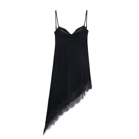 Dames Sexy Zwart Fluweel Slipjurk Met Kantafwerking Spaghetti Bandjes Rugloos Onregelmatige Zoom Banket Midi Partyjurk