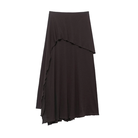 Women Summer Elegant Asymmetric Layered Lettuce Edge Midi Skirt Dark Brown Polyester Knit High Waist Casual Long Skirt