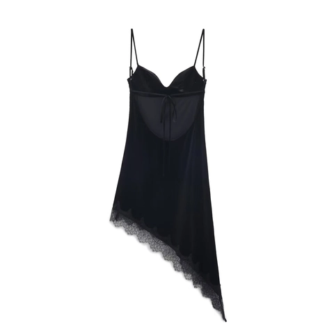 Dames Sexy Zwart Fluweel Slipjurk Met Kantafwerking Spaghetti Bandjes Rugloos Onregelmatige Zoom Banket Midi Partyjurk