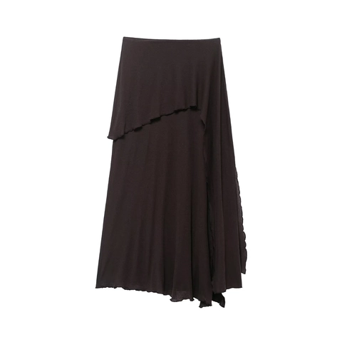 Women Summer Elegant Asymmetric Layered Lettuce Edge Midi Skirt Dark Brown Polyester Knit High Waist Casual Long Skirt