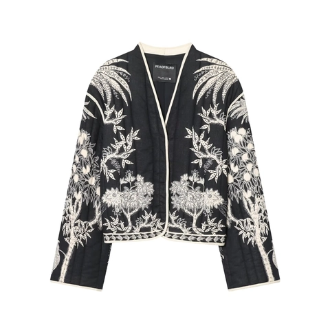 Giacca Trapuntata da Donna Stampa Piante Bianco Nero Ricamo Corta Autunnale Stile Bohémien Capispalla Imbottito Cappotto Retro