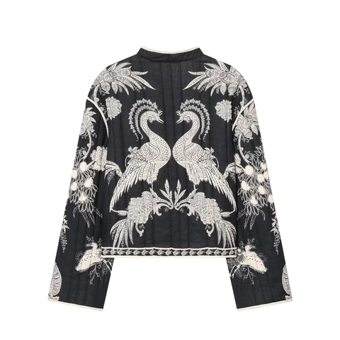 Giacca Trapuntata da Donna Stampa Piante Bianco Nero Ricamo Corta Autunnale Stile Bohémien Capispalla Imbottito Cappotto Retro