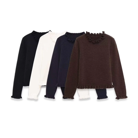 Damen Wellenkante Strickpullover Langarm Einfarbig Schmale Passform Pullover Top Elegant Herbst Strickjacke