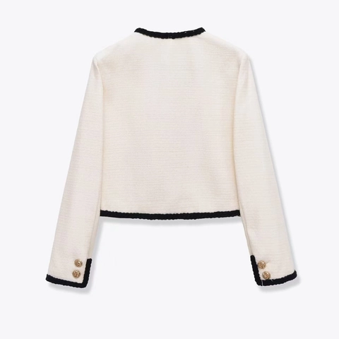 Chaqueta de Tweed Elegante para Mujer Estilo Fragancia Pequeña Cuello Redondo Manga Larga Botones Dorados Abrigo Clásico