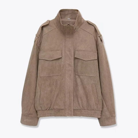 Giacca Utility da Donna in Finta Pelle Scamosciata Collo Coreano Multitasche Cachi Vintage Cargo Cappotto Corto Invernale