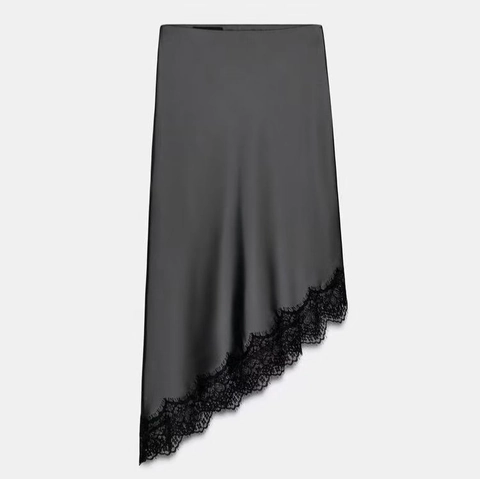 Dames Elegante Satijnen Midi-rok Asymmetrische Kantafwerking Hoge Taille Omslagrok Veelzijdig Kantoor Dagelijks